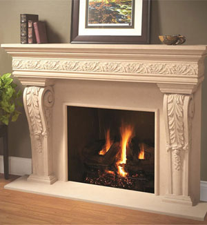 Taupe cast stone fireplace mantel 
