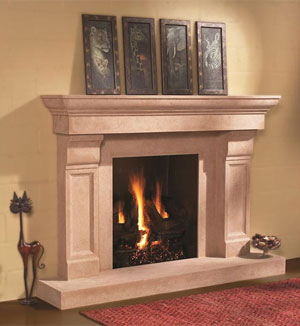 Taupe stone fireplace mantel 