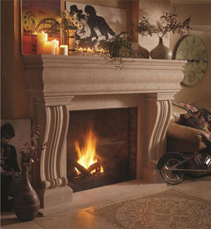 Limestone fireplace mantel