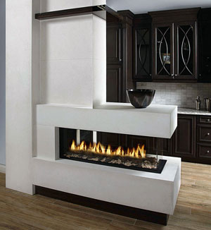 cast stone mantel Peninsula Ortal Multi View gas fireplace