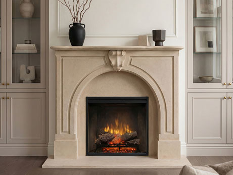 Windsor cast stone fireplace mantel with Dimplex Revillusion 30-inch built-in firebox