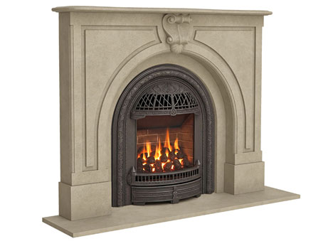 Windsor cast stone fireplace mantel with Valor Portrait Windsor Arch fireplace insert
